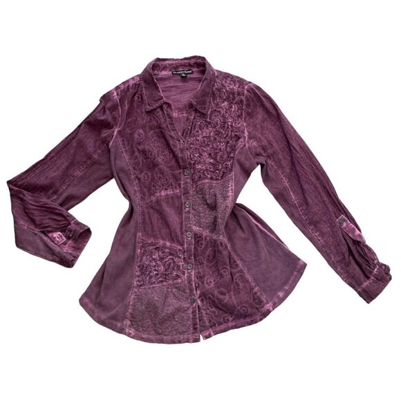 Greater Good Cotton Mixed Media Button Down Shirt Sz S Purple BOHO Indie 96C - Picture 6 of 9